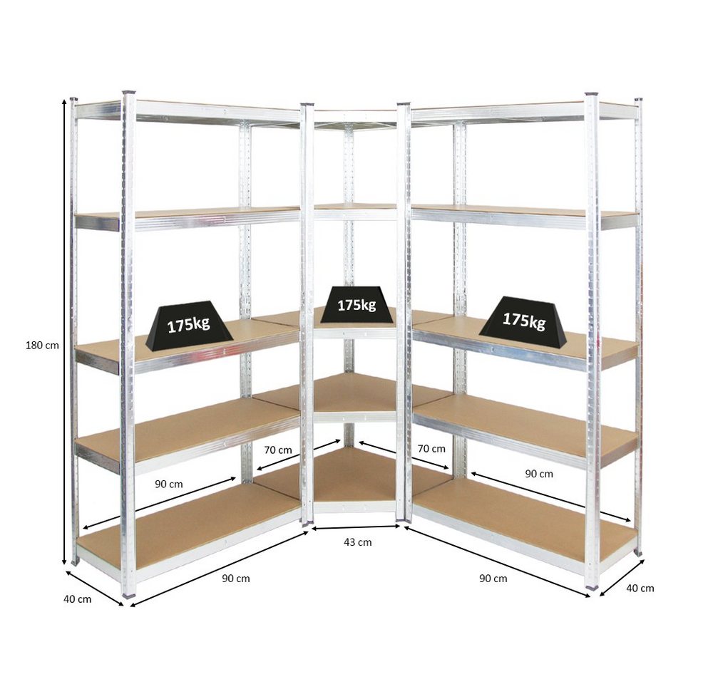 PROREGAL® Eckregal MegaDeal 1x Eckregal + 2x Schwerlastregal Ragnar, Verschiedene Farben, Stabiles Lagerregal Eckregal mit 175kg Fachlast Steckmontage – Bild 2 von 5
