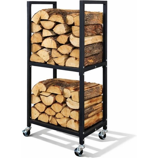 PROREGAL® Kaminholzregal PHOENIX mit Rollen & 2 Ebenen 82x44x28cm Metall Schwarz Holzständer, BxTxH:44x28x82 cm, Holzständer Holzhalter Kaminholzständer Brennho