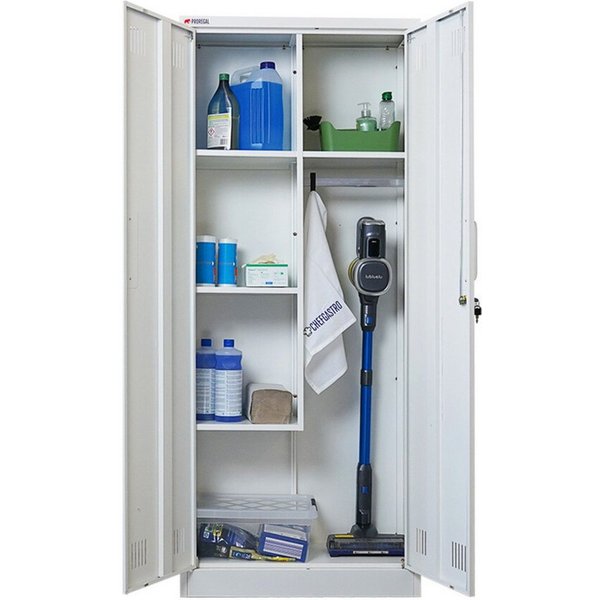 PROREGAL® Mehrzweckschrank Abschließbarer Flügeltürenschrank Stahlschrank RHINO Putzmittel- & Besenschrank Haushaltsschrank 5 Fächer & Kleiderstange