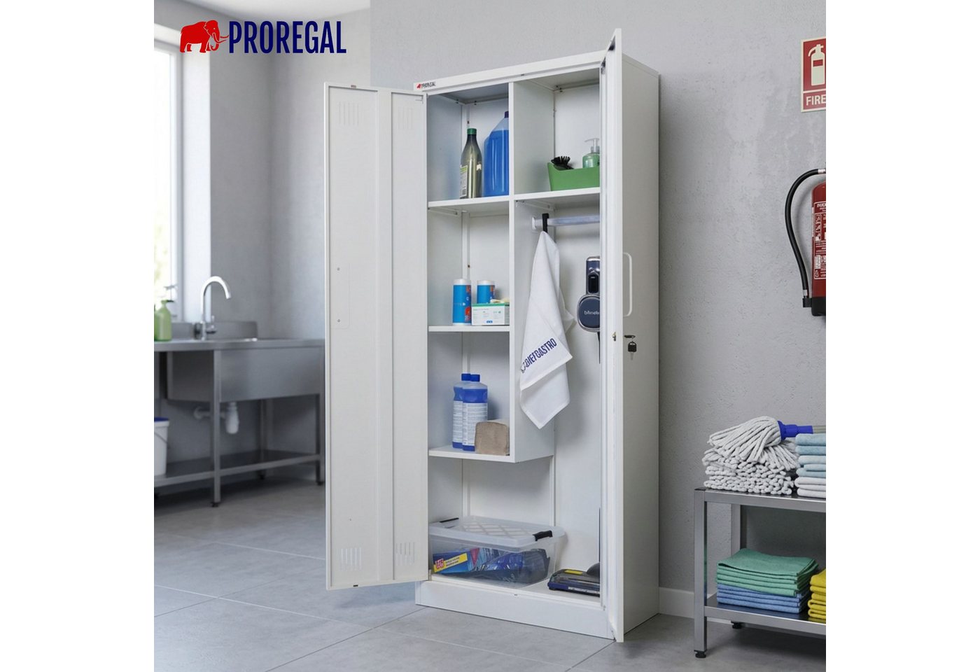 PROREGAL® Mehrzweckschrank Abschließbarer Flügeltürenschrank Stahlschrank RHINO Putzmittel- & Besenschrank Haushaltsschrank 5 Fächer & Kleiderstange – Bild 2 von 5