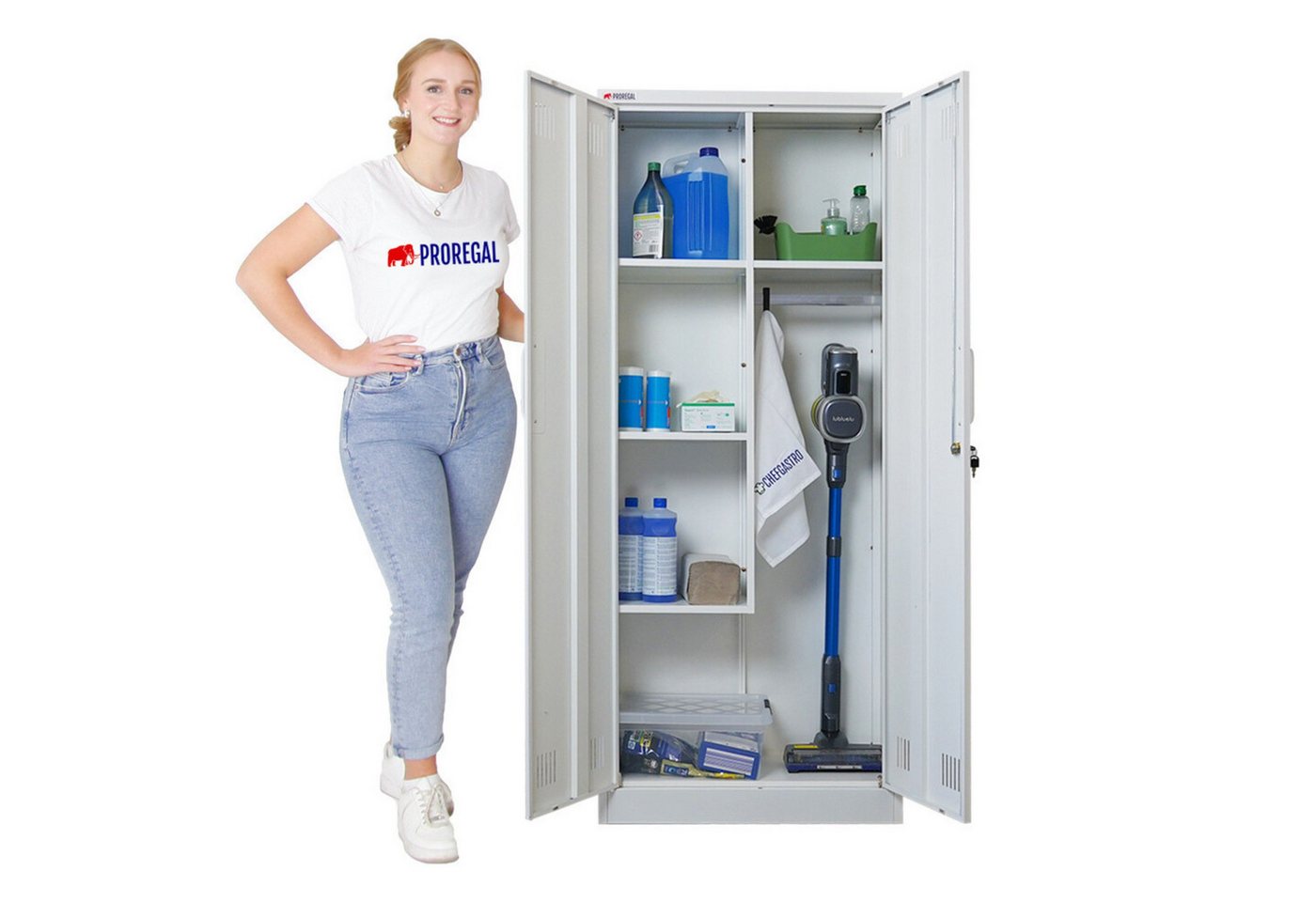 PROREGAL® Mehrzweckschrank Abschließbarer Flügeltürenschrank Stahlschrank RHINO Putzmittel- & Besenschrank Haushaltsschrank 5 Fächer & Kleiderstange – Bild 4 von 5