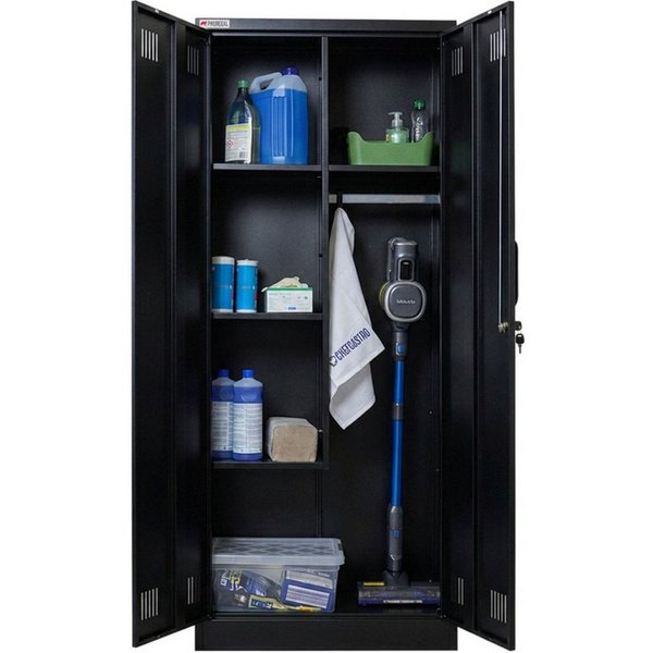 PROREGAL® Mehrzweckschrank Abschließbarer Flügeltürenschrank Stahlschrank RHINO Putzmittel- & Besenschrank Haushaltsschrank 5 Fächer & Kleiderstange