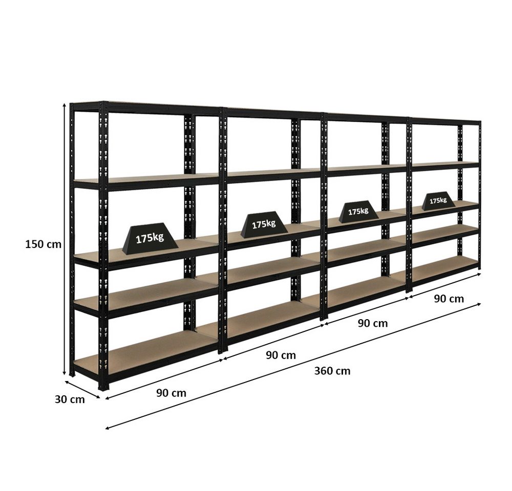 PROREGAL® Schwerlastregal MegaDeal 4 Stück APOLLO 150x90x30cm Fachlast 175kg Schwarz, 4-tlg. – Bild 2 von 5