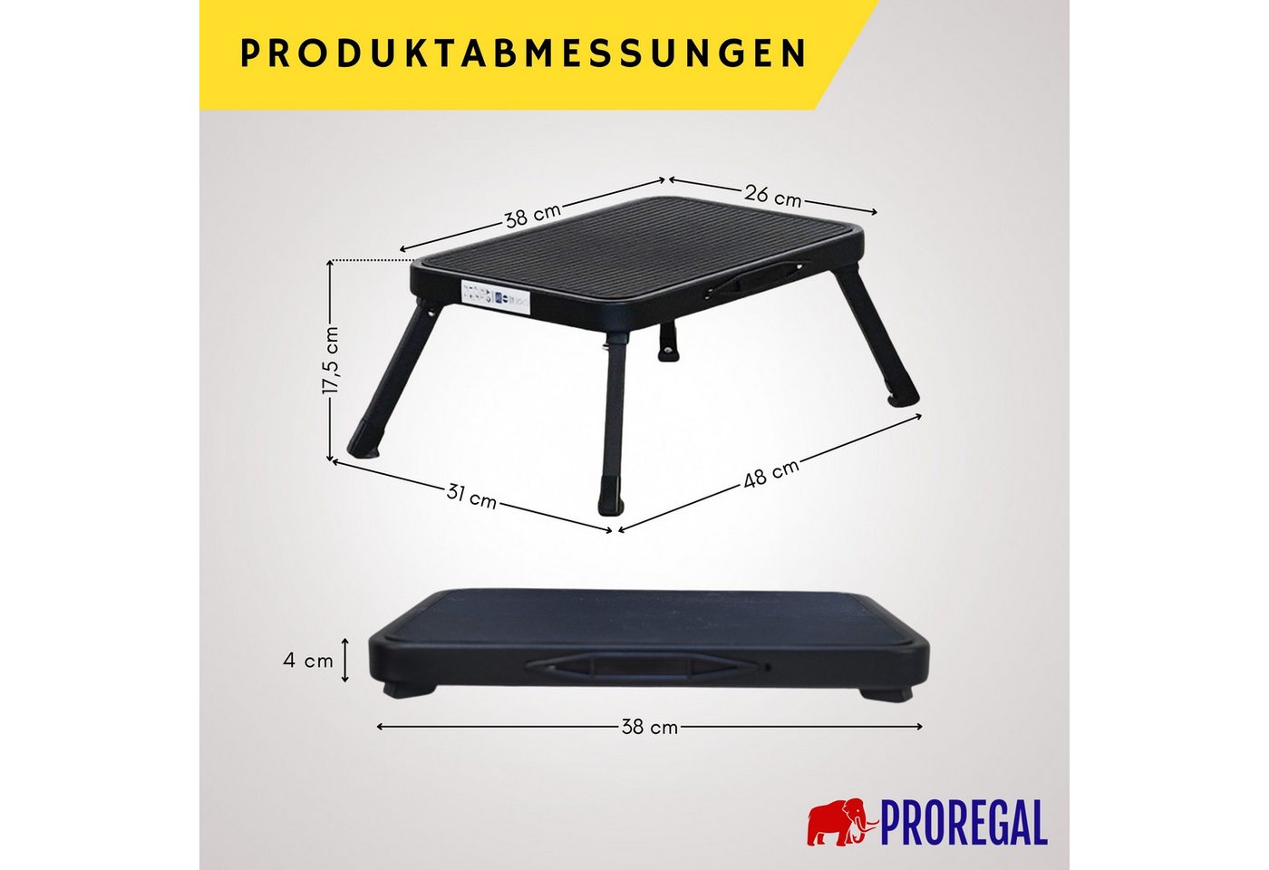 PROREGAL® Tritthocker klappbar Kunststoff -Trittfläche 18x48x31cm Traglast 150kg Schwarz, Stabiler Klapphocker mit Kunststoff-Trittfläche – Bild 2 von 5