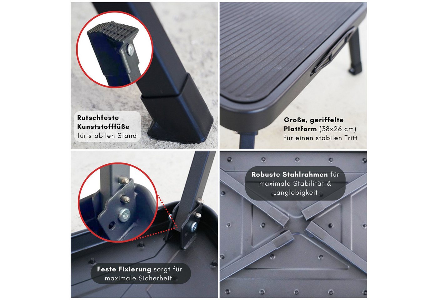 PROREGAL® Tritthocker klappbar Kunststoff -Trittfläche 18x48x31cm Traglast 150kg Schwarz, Stabiler Klapphocker mit Kunststoff-Trittfläche – Bild 5 von 5