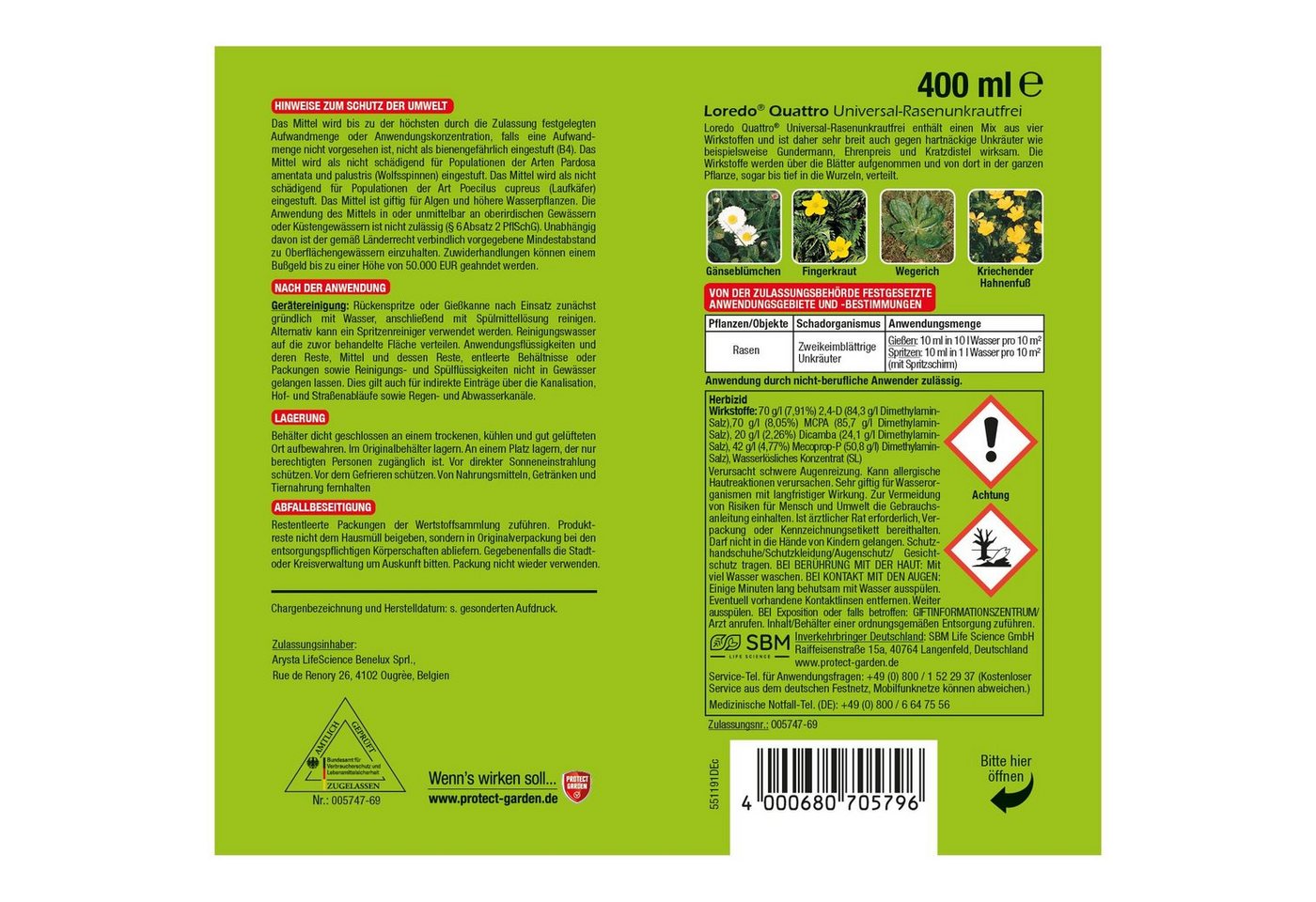 Protect Garden Unkrautbekämpfungsmittel Universal-Rasen Unkrautfrei Loredo Quattro 400 ml, 400 ml – Bild 4 von 4