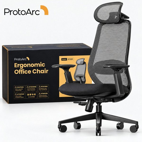 ProtoArc Bürostuhl EC200 ergonomisch, mit Sitztiefenverstellung, Lordosenstütze,3D-Kopfstütze, 2D-Armlehnen, 90–130° neigbar