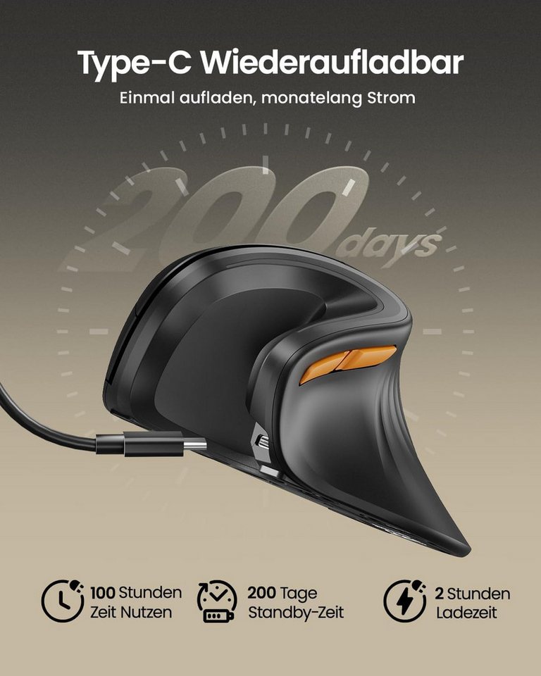 ProtoArc EM11 NL Ergonomische Vertikale Maus, Bluetooth & 2,4 GHz, 2400 DPI ergonomische Maus (Bluetooth, Funk, 3 Geräte USB-C Akku leise Haupttasten) – Bild 2 von 5