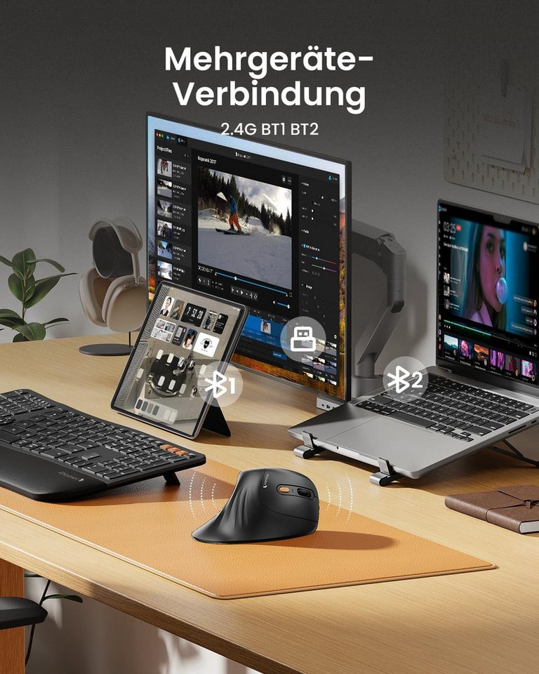 ProtoArc EM11 NL Ergonomische Vertikale Maus, Bluetooth & 2,4 GHz, 2400 DPI ergonomische Maus (Bluetooth, Funk, 3 Geräte USB-C Akku leise Haupttasten) – Bild 3 von 5