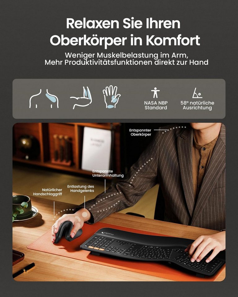 ProtoArc EM11 NL Ergonomische Vertikale Maus, Bluetooth & 2,4 GHz, 2400 DPI ergonomische Maus (Bluetooth, Funk, 3 Geräte USB-C Akku leise Haupttasten) – Bild 5 von 5