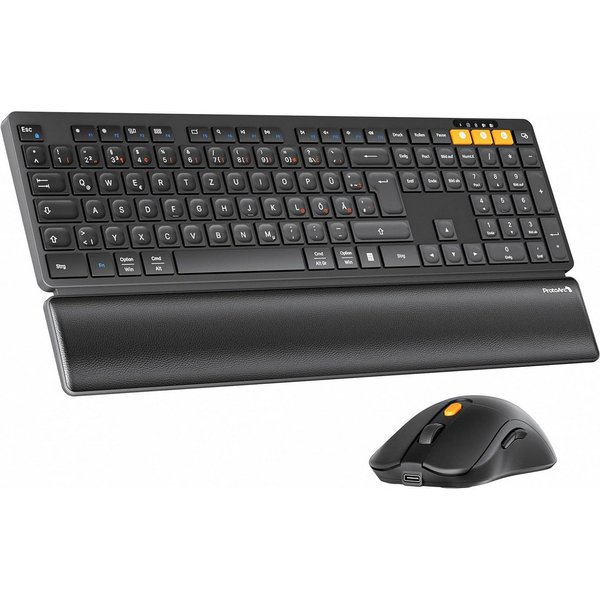 ProtoArc Kabellos Bluetooth Tastatur Maus mit Handballenauflage Tastatur- und Maus-Set, (2.4GHz + Dual Bluetooth, Wiederaufladbar), KM60 Full-Size Tastatur und 