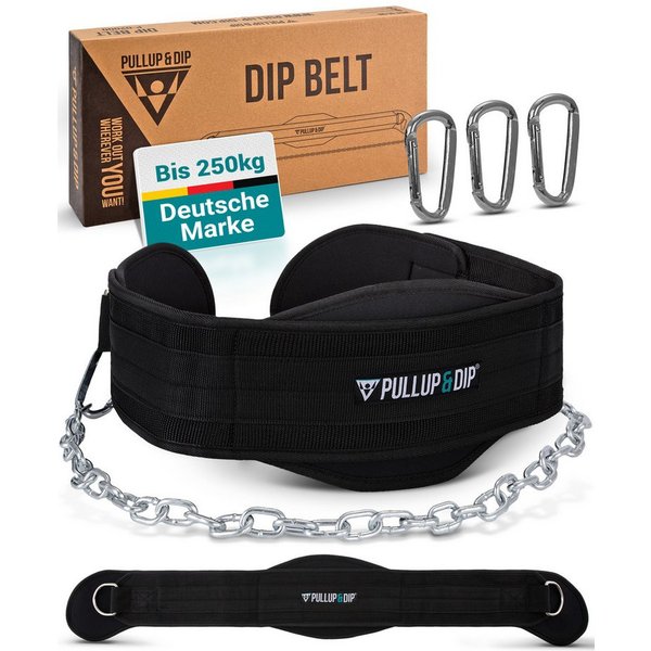 Pullup & Dip Dip-Gürtel Dip Gürtel mit Kette, 3 Karabinern und einzigartigen Klappen