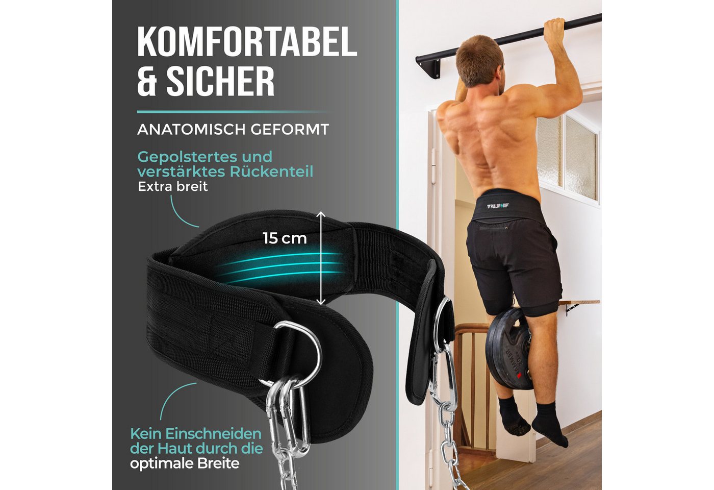 Pullup & Dip Dip-Gürtel Dip Gürtel mit Kette, 3 Karabinern und einzigartigen Klappen – Bild 2 von 5