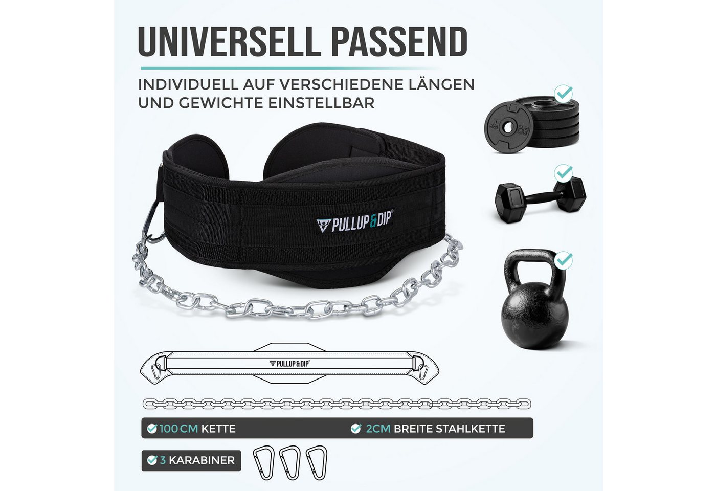 Pullup & Dip Dip-Gürtel Dip Gürtel mit Kette, 3 Karabinern und einzigartigen Klappen – Bild 5 von 5