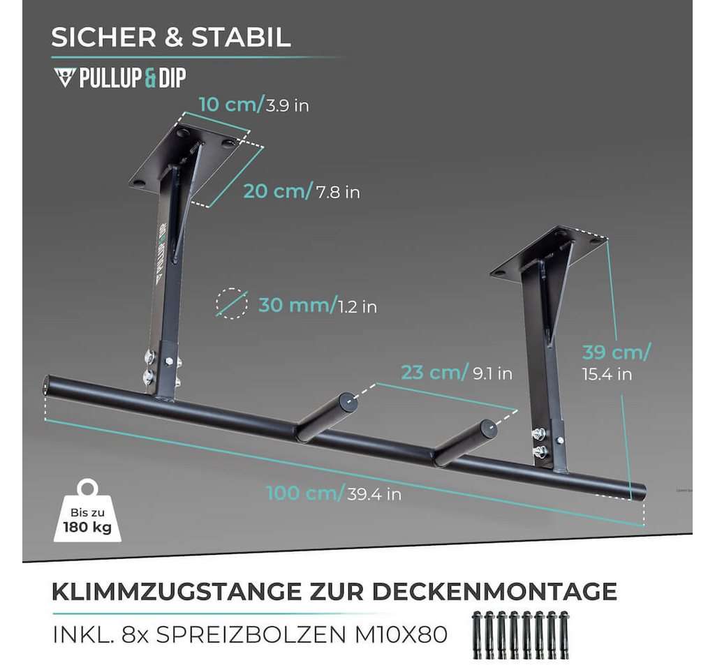 Pullup & Dip Klimmzugstange Klimmzugstange Decke inkl. Klimmzugband und Schrauben (1-tlg) – Bild 5 von 5