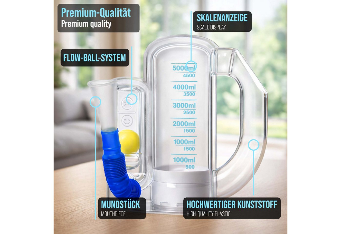 pulox Inhalator BE-5000 - Atemtrainer mit kugelförmigen Flow-Indikator – Bild 2 von 5