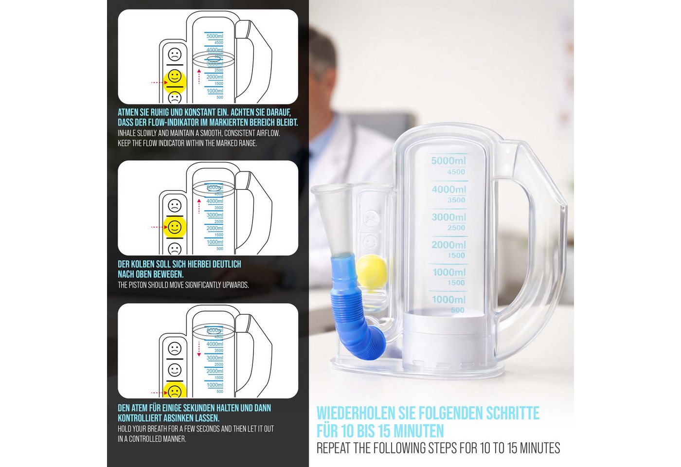 pulox Inhalator BE-5000 - Atemtrainer mit kugelförmigen Flow-Indikator – Bild 3 von 5