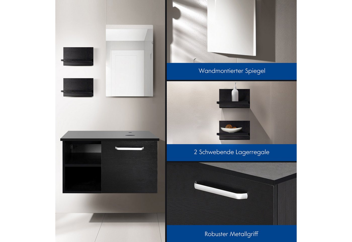Puluomis Badezimmer-Set mit Spiegel, Badezimmerschrank mit 2 Regale ohne/mit Waschbecken Set – Bild 2 von 5