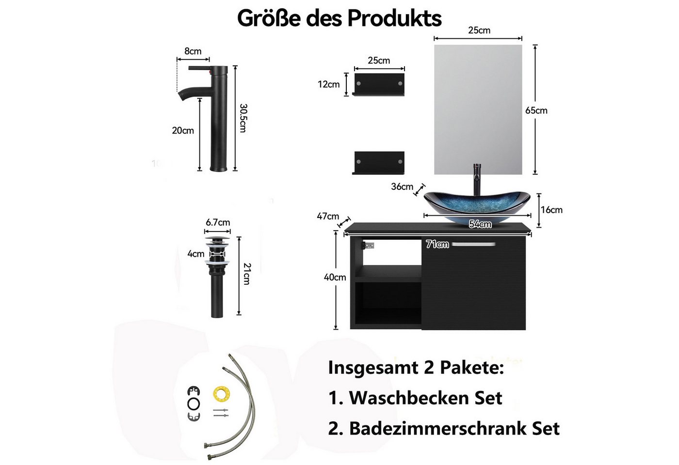 Puluomis Badezimmer-Set mit Spiegel, Badezimmerschrank mit 2 Regale ohne/mit Waschbecken Set – Bild 4 von 5