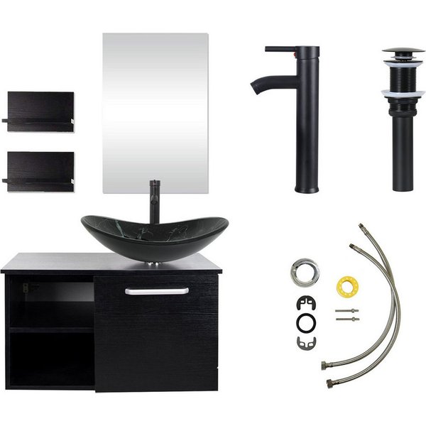 Puluomis Badezimmer-Set mit Spiegel, Badezimmerschrank mit 2 Regale ohne/mit Waschbecken Set