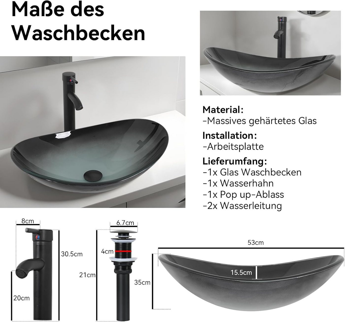 Puluomis Badezimmer-Set mit Spiegel, Badezimmerschrank mit 2 Regale ohne/mit Waschbecken Set – Bild 5 von 5