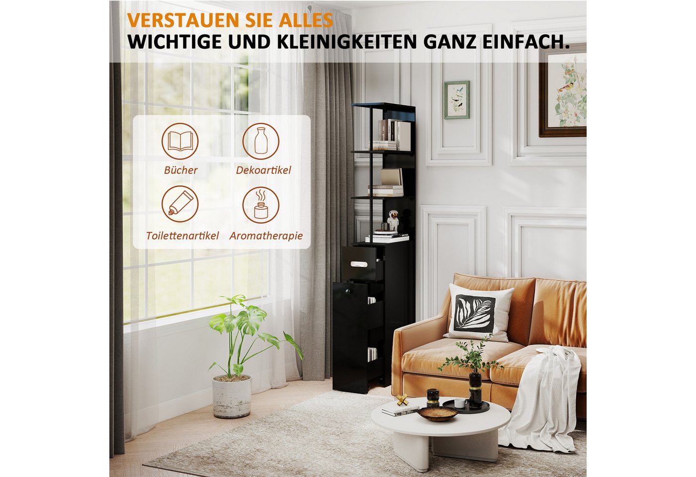 Puluomis Badkommode Badezimmschrank mit Schubladen, Hochschrank schmal (weiß/schwarz) – Bild 2 von 5
