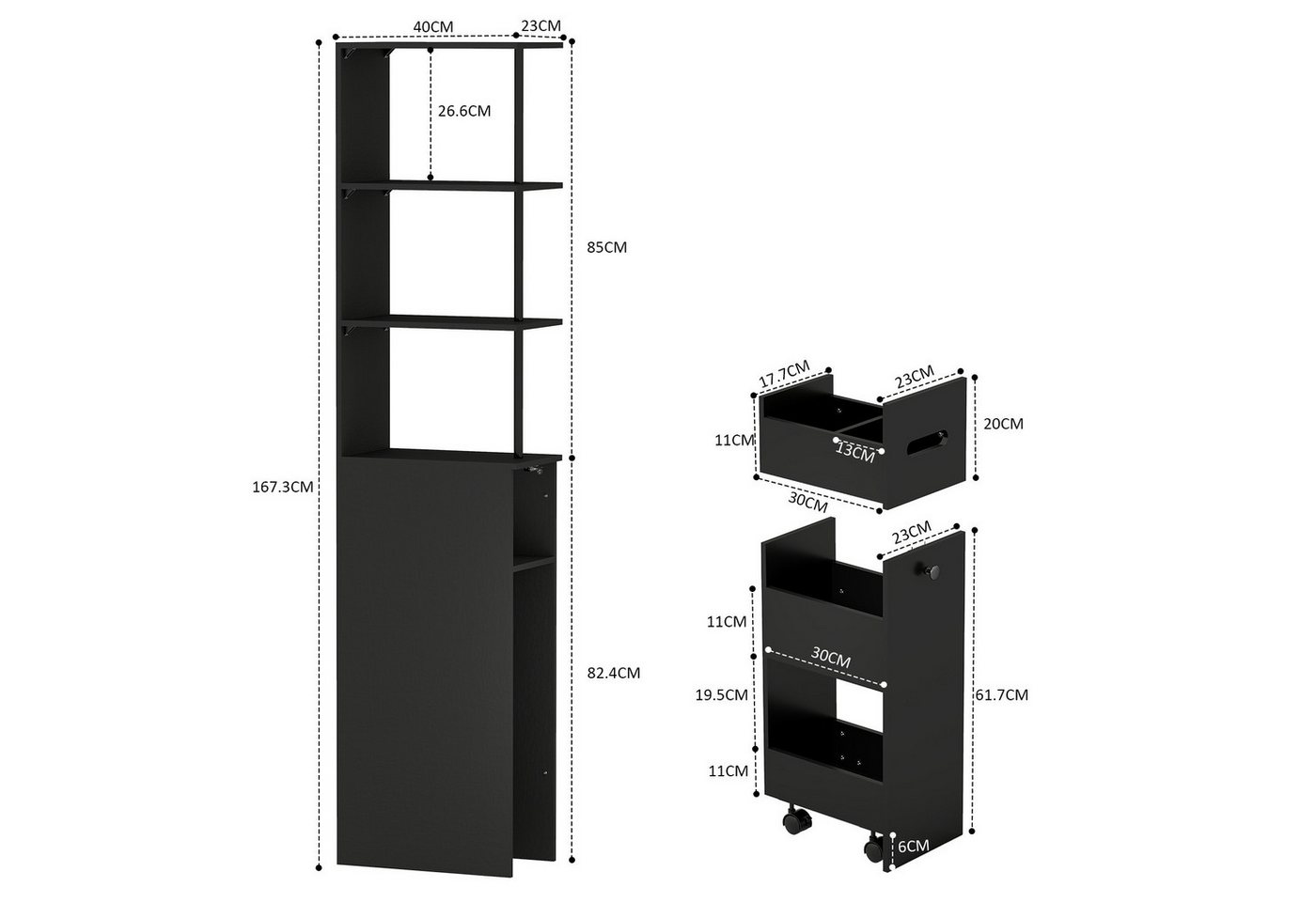 Puluomis Badkommode Badezimmschrank mit Schubladen, Hochschrank schmal (weiß/schwarz) – Bild 4 von 5
