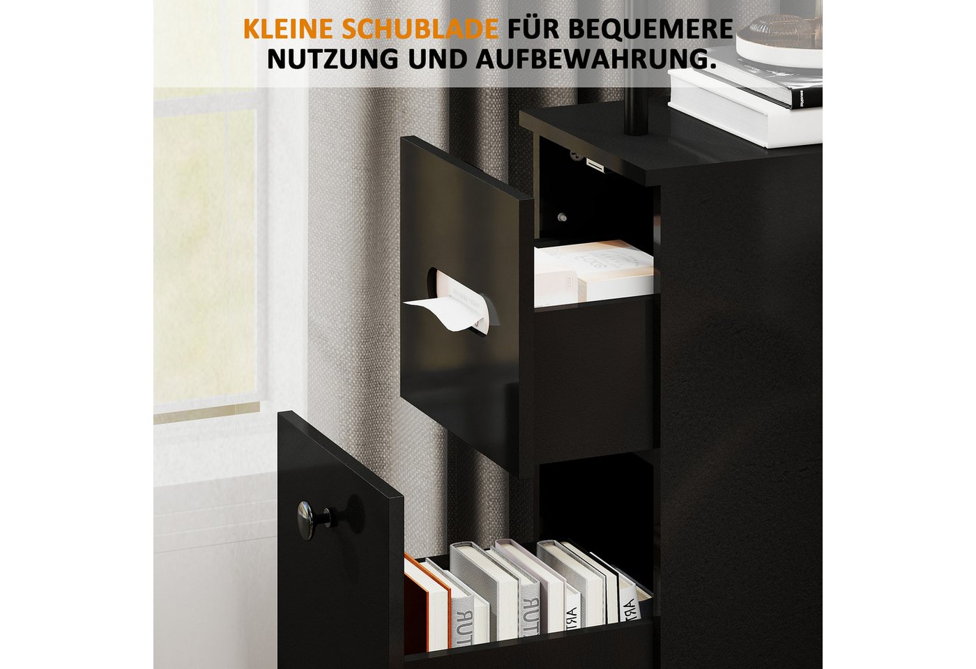 Puluomis Badkommode Badezimmschrank mit Schubladen, Hochschrank schmal (weiß/schwarz) – Bild 5 von 5