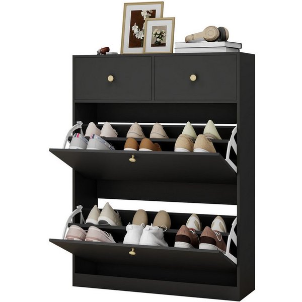 Puluomis Schuhschrank Schuhkipper mit 2 Schublade, 2 Klappen Schuhregal 24x80x106 cm (mit Kippschutz, weiß)