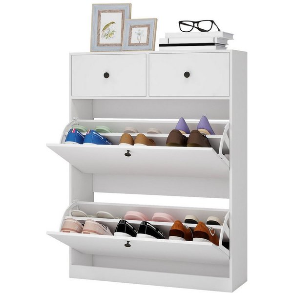 Puluomis Schuhschrank Schuhkipper mit 2 Schublade, 2 Klappen Schuhregal 24x80x106 cm (mit Kippschutz, weiß)
