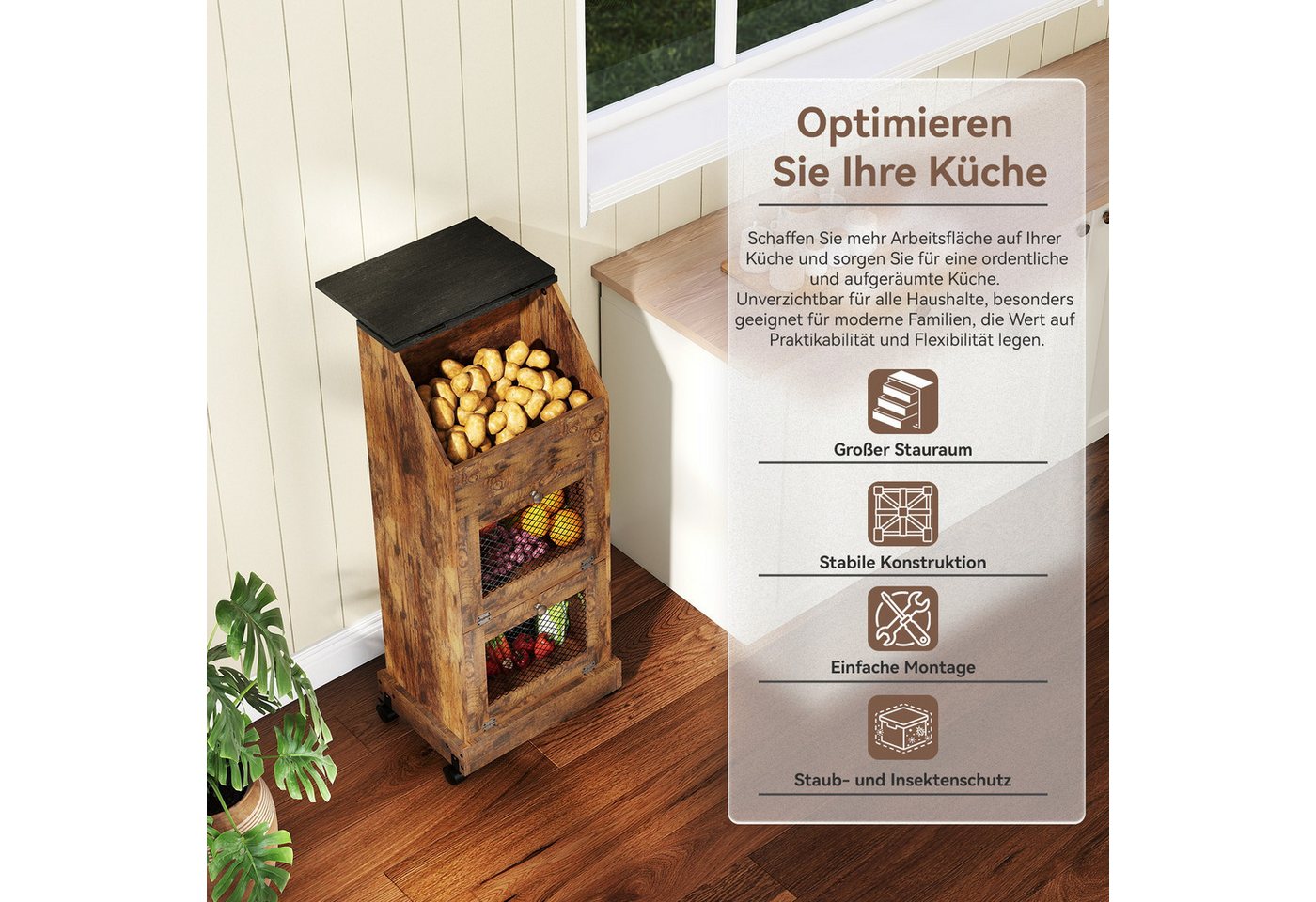 Puluomis Vorratsdose Vorratsdose Kartoffelbox, Gemüsebox mit Rollen, Kartoffelkiste, (Gemüsebehälter mit Belüftung und Brotfach, Aufbewahrung von Gemüse und Obs – Bild 2 von 5