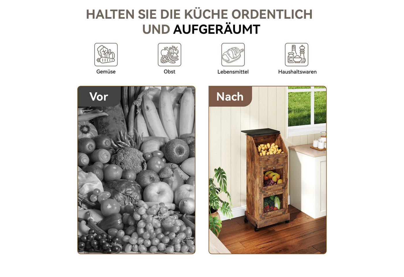 Puluomis Vorratsdose Vorratsdose Kartoffelbox, Gemüsebox mit Rollen, Kartoffelkiste, (Gemüsebehälter mit Belüftung und Brotfach, Aufbewahrung von Gemüse und Obs – Bild 4 von 5