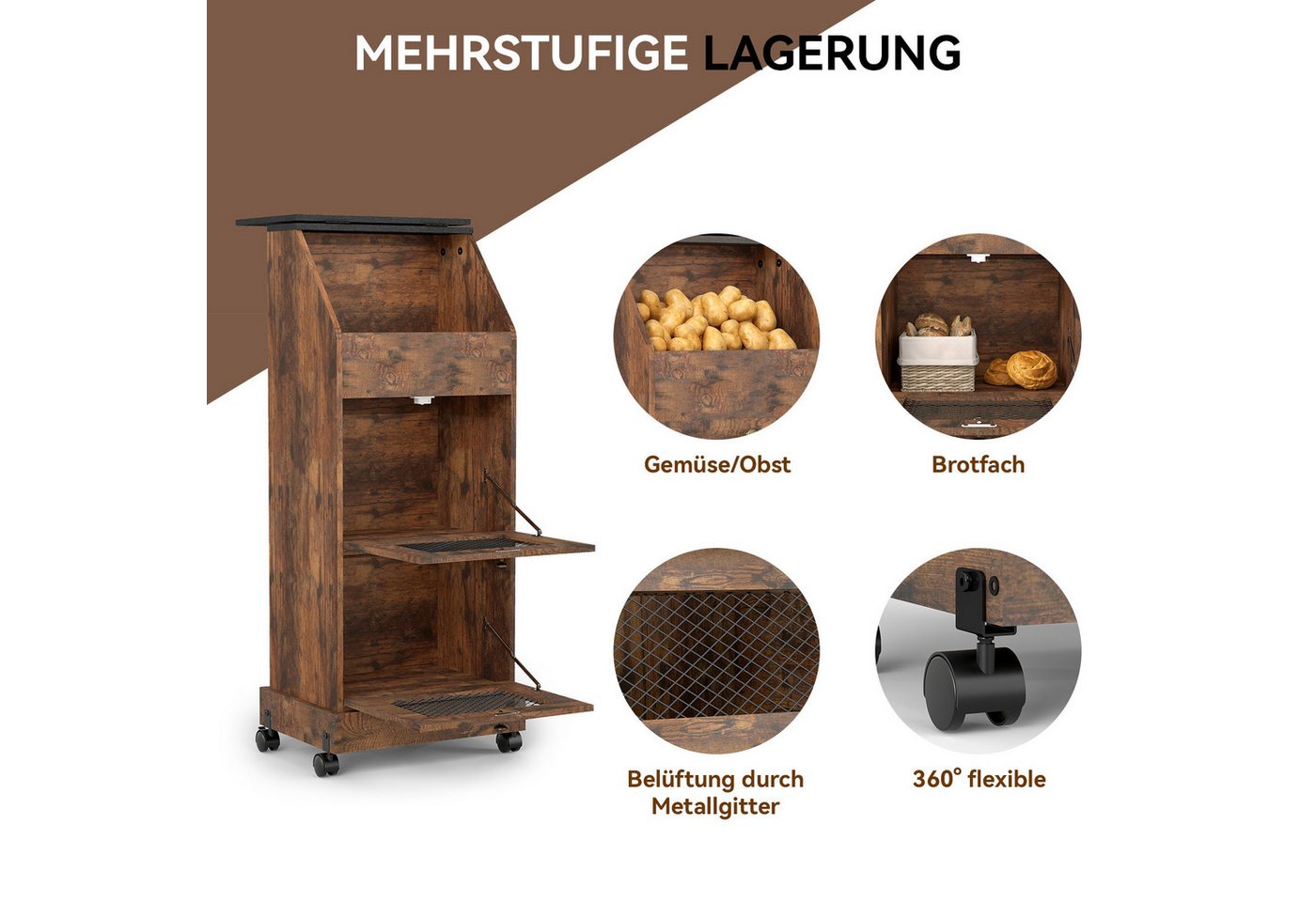 Puluomis Vorratsdose Vorratsdose Kartoffelbox, Gemüsebox mit Rollen, Kartoffelkiste, (Gemüsebehälter mit Belüftung und Brotfach, Aufbewahrung von Gemüse und Obs – Bild 5 von 5