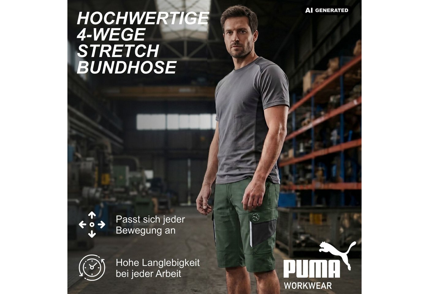 PUMA Workwear Arbeitsshorts Kurze Arbeitshose Herren - Mit 4-Wege Stretch - Erhöhtes Rückenteil Robust mit verstärkten Taschen durch 100% Nylon - Gummizug im Bu – Bild 2 von 5