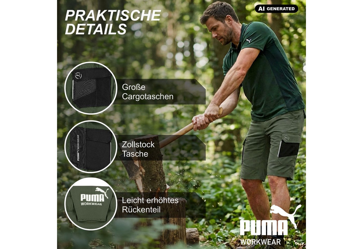 PUMA Workwear Arbeitsshorts Kurze Arbeitshose Herren - Mit 4-Wege Stretch - Erhöhtes Rückenteil Robust mit verstärkten Taschen durch 100% Nylon - Gummizug im Bu – Bild 3 von 5