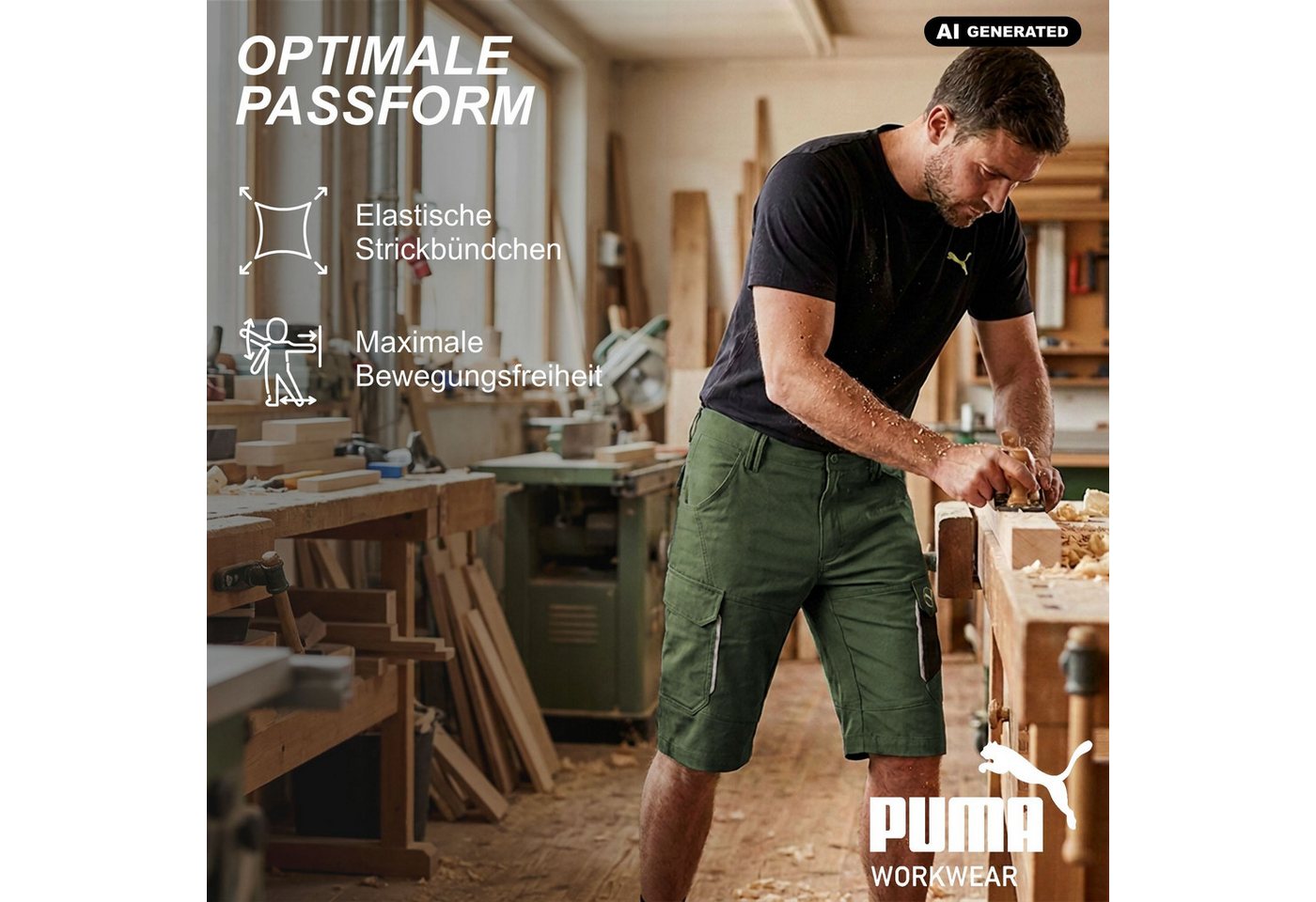 PUMA Workwear Arbeitsshorts Kurze Arbeitshose Herren - Mit 4-Wege Stretch - Erhöhtes Rückenteil Robust mit verstärkten Taschen durch 100% Nylon - Gummizug im Bu – Bild 4 von 5