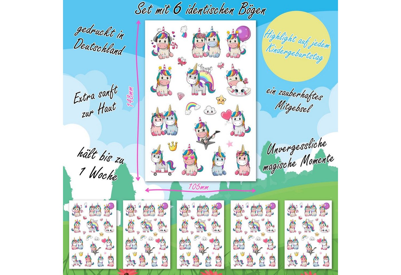 PUNALU Kindertattoo Einhorn Kindertattoos, Temporäre Tattoos für Kinder - Einhörner, hautfreundlich – Bild 2 von 5