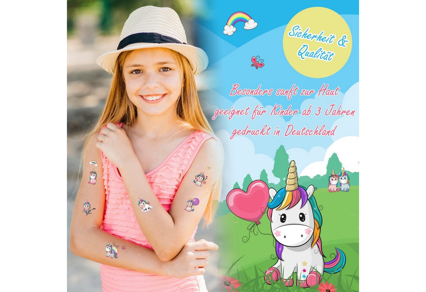 PUNALU Kindertattoo Einhorn Kindertattoos, Temporäre Tattoos für Kinder - Einhörner, hautfreundlich – Bild 3 von 5