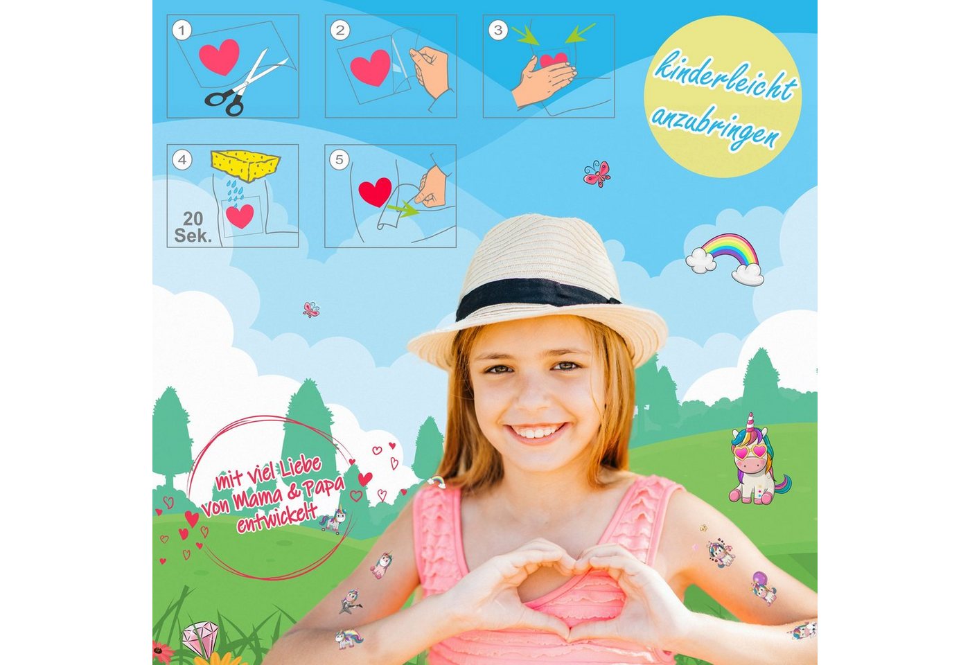 PUNALU Kindertattoo Einhorn Kindertattoos, Temporäre Tattoos für Kinder - Einhörner, hautfreundlich – Bild 4 von 5