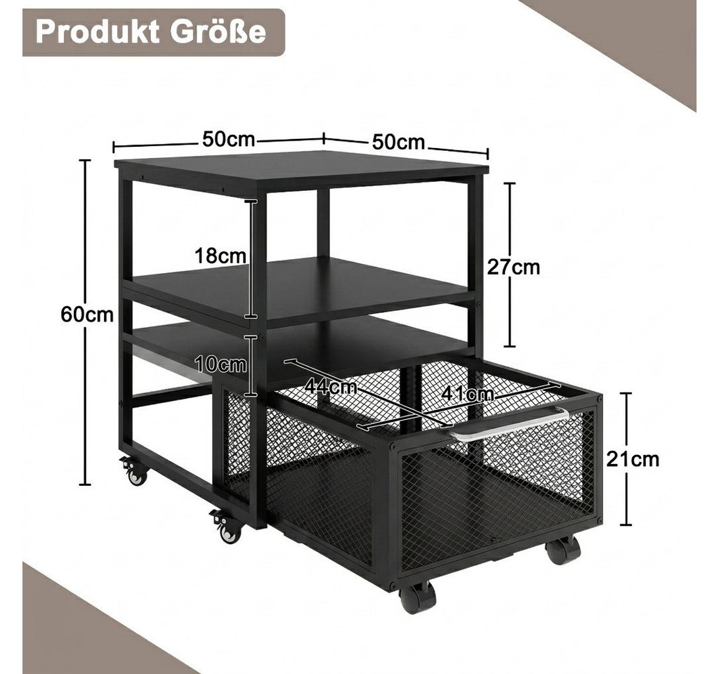 PUNCIA Beistelltisch mit Rollen und Metallkorb, 3-Stüfiger Kühlschrankständer, 50x50x60cm (1-St), Rollwagen mit Schublade, Küchenorganizer-Set – Bild 2 von 5