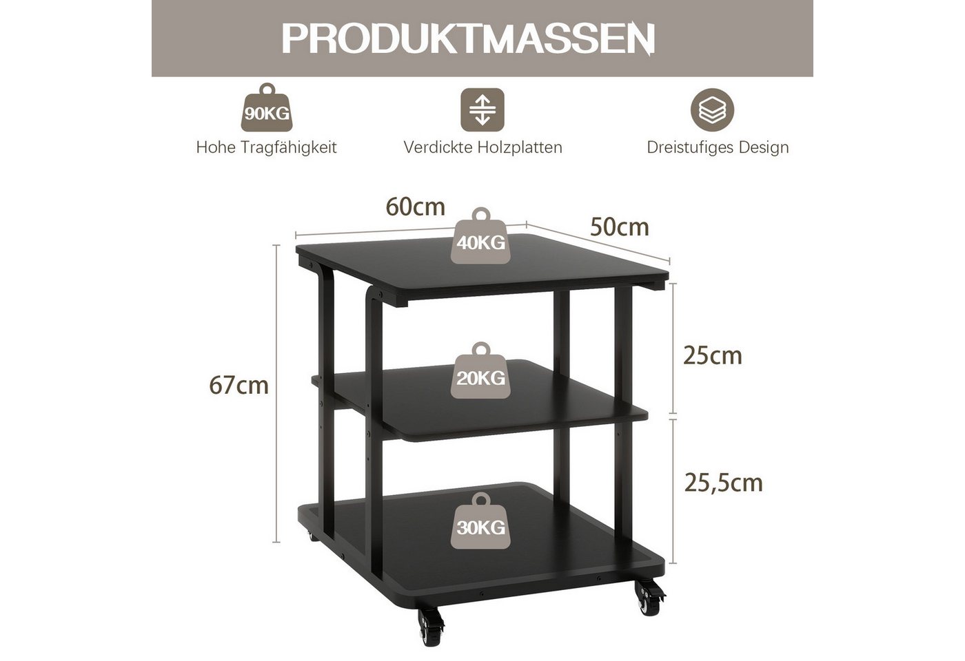 PUNCIA Druckertisch mit 3 Ebenen, Druckerständer mit Rollen – Mobiler Druckerwagen (1-St), Stabiler Mehrzwecktisch mit verstellbarer Etage, 60 × 50 × 67 cm – Bild 2 von 5