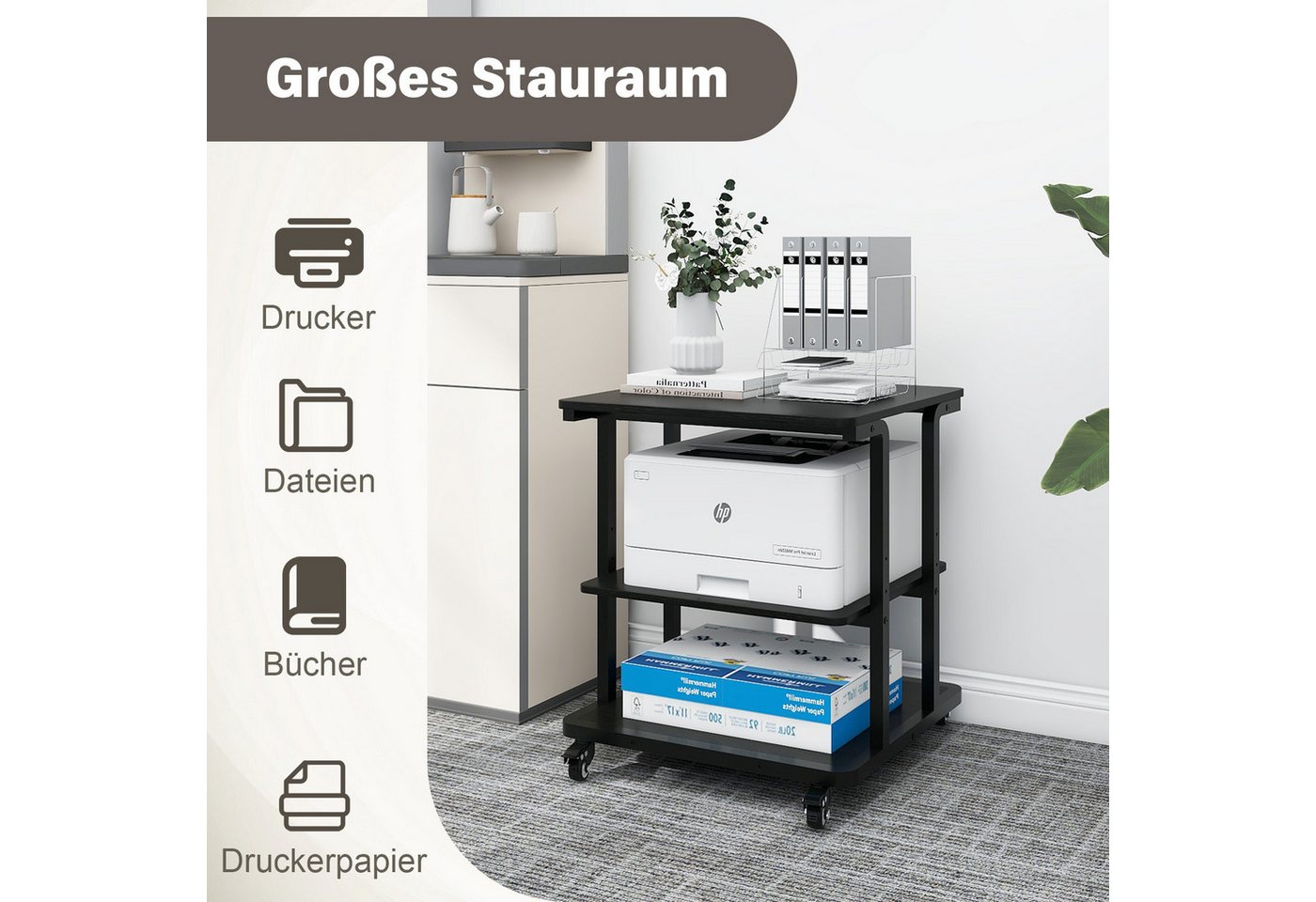 PUNCIA Druckertisch mit 3 Ebenen, Druckerständer mit Rollen – Mobiler Druckerwagen (1-St), Stabiler Mehrzwecktisch mit verstellbarer Etage, 60 × 50 × 67 cm – Bild 5 von 5