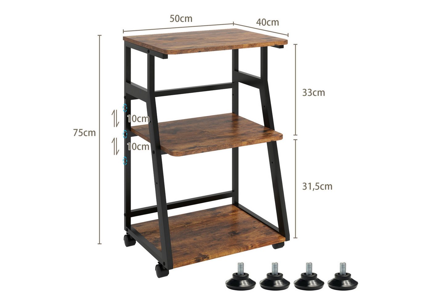 PUNCIA Druckertisch mit Rollen, 3 Ebenen, verstellbarer Fachboden, 50 x 40 x 75cm (1-St), Druckerständer aus Holz & Metall – Bild 2 von 5