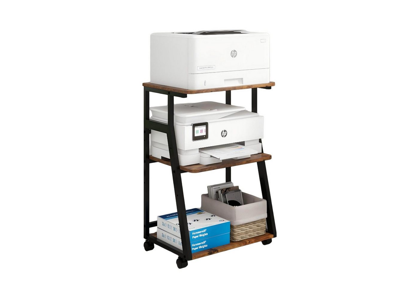 PUNCIA Druckertisch mit Rollen, 3 Ebenen, verstellbarer Fachboden, 50 x 40 x 75cm (1-St), Druckerständer aus Holz & Metall – Bild 3 von 5