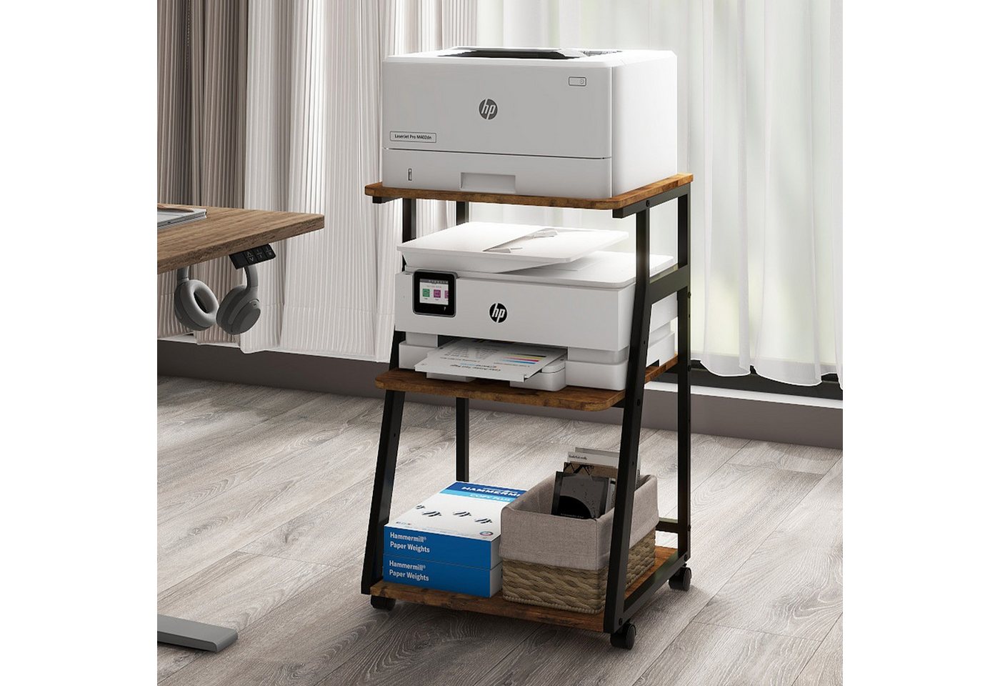 PUNCIA Druckertisch mit Rollen, 3 Ebenen, verstellbarer Fachboden, 50 x 40 x 75cm (1-St), Druckerständer aus Holz & Metall – Bild 4 von 5