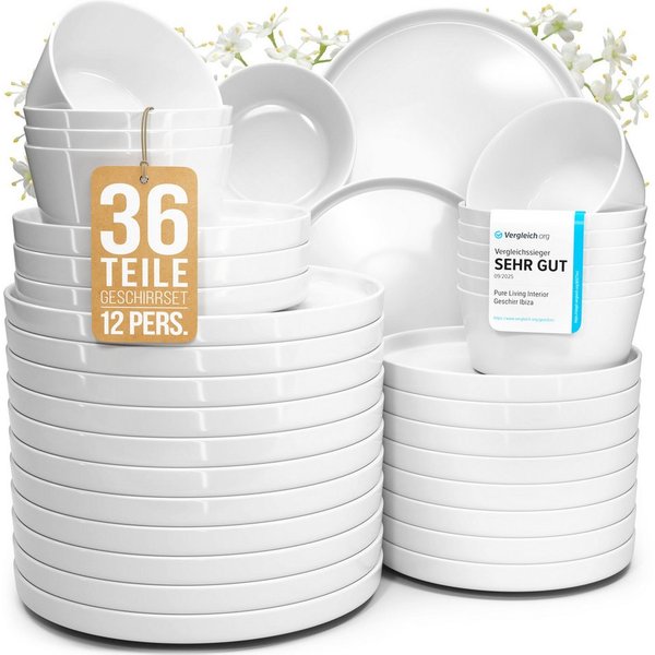 PURE LIVING INTERIOR DESIGN Geschirr-Set Crystal aus Porzellan, 36-tlg., für 12 Personen, Weiß (36-tlg), 12 Personen, Porzellan