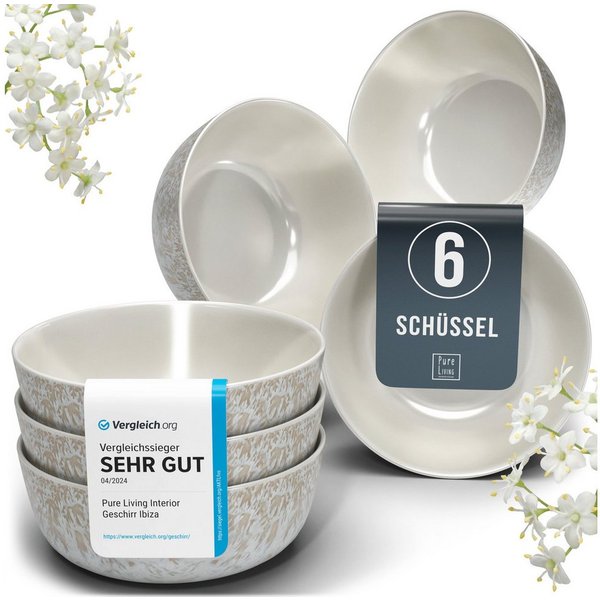 PURE LIVING INTERIOR DESIGN Geschirr-Set Ibiza, 6er-Set Müslischalen, 16 cm, Riffelstruktur, Beige (6-tlg), 6 Personen, Steingut