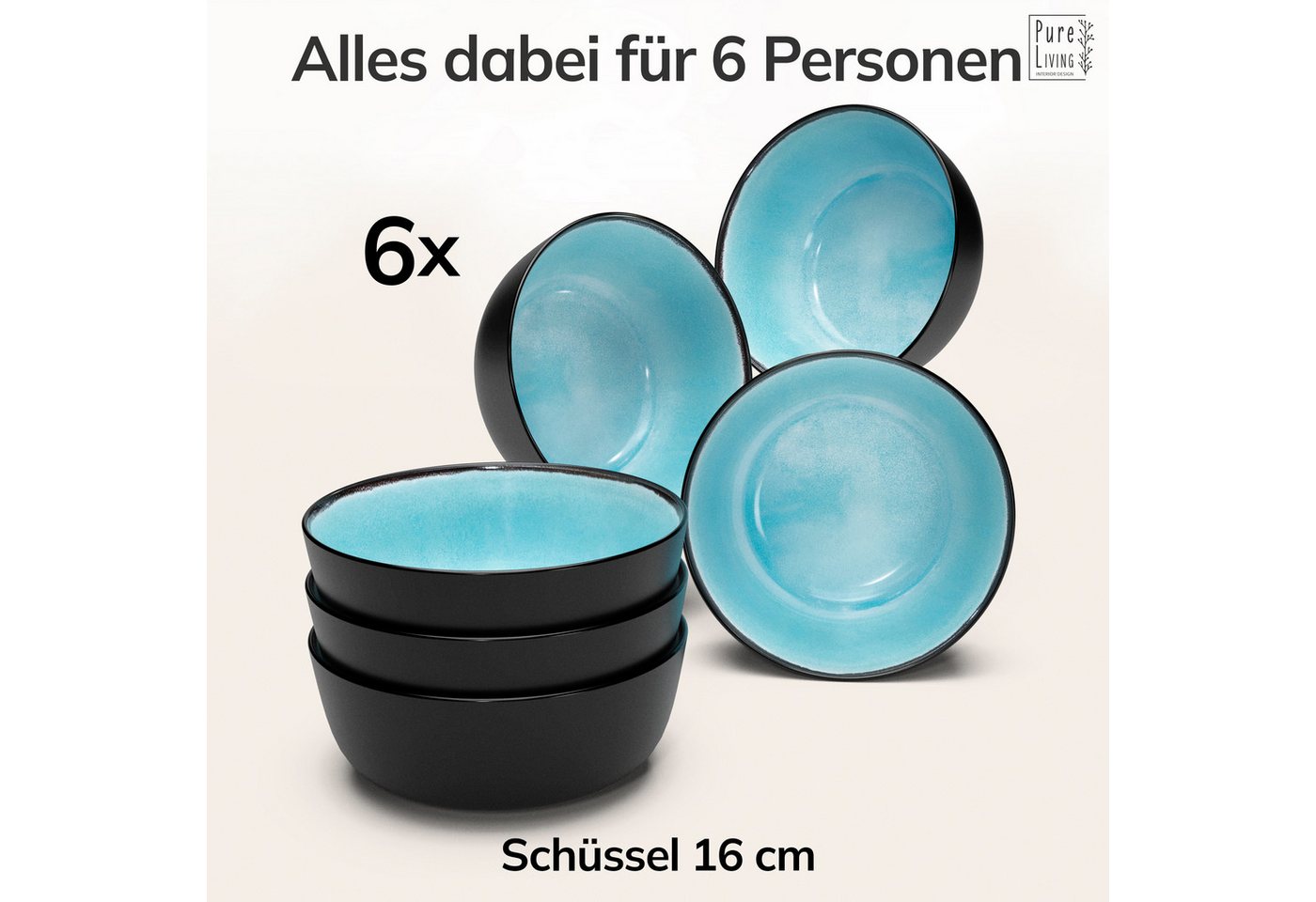 PURE LIVING INTERIOR DESIGN Geschirr-Set Ibiza, 6er-Set Müslischalen, 16 cm, Aquamarin (6-tlg), 6 Personen, Steingut – Bild 5 von 5