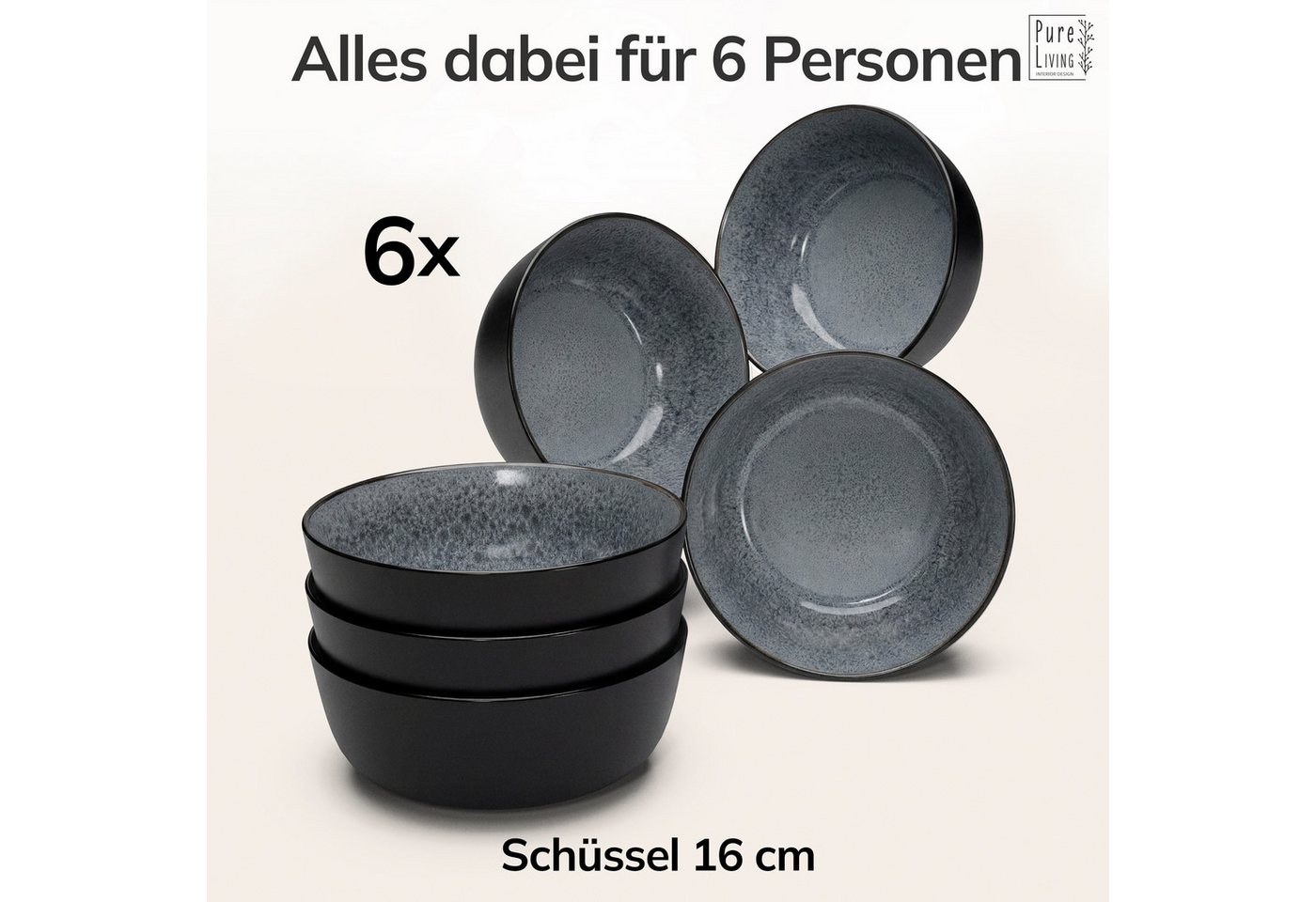 PURE LIVING INTERIOR DESIGN Geschirr-Set Ibiza, 6er-Set Müslischalen, 16 cm, Riffelstruktur, Grau (6-tlg), 6 Personen, Steingut – Bild 5 von 5
