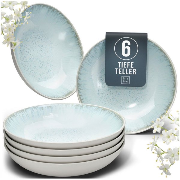 PURE LIVING INTERIOR DESIGN Geschirr-Set Ibiza, 6er-Set Suppenteller, 20 cm, Riffelstruktur, Beige Blau (6-tlg), 6 Personen, Steingut